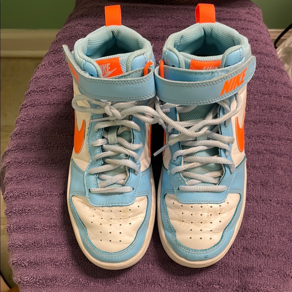 Boys Nike High Tops Kids Sneakers - Sky Blue and Bright Orange